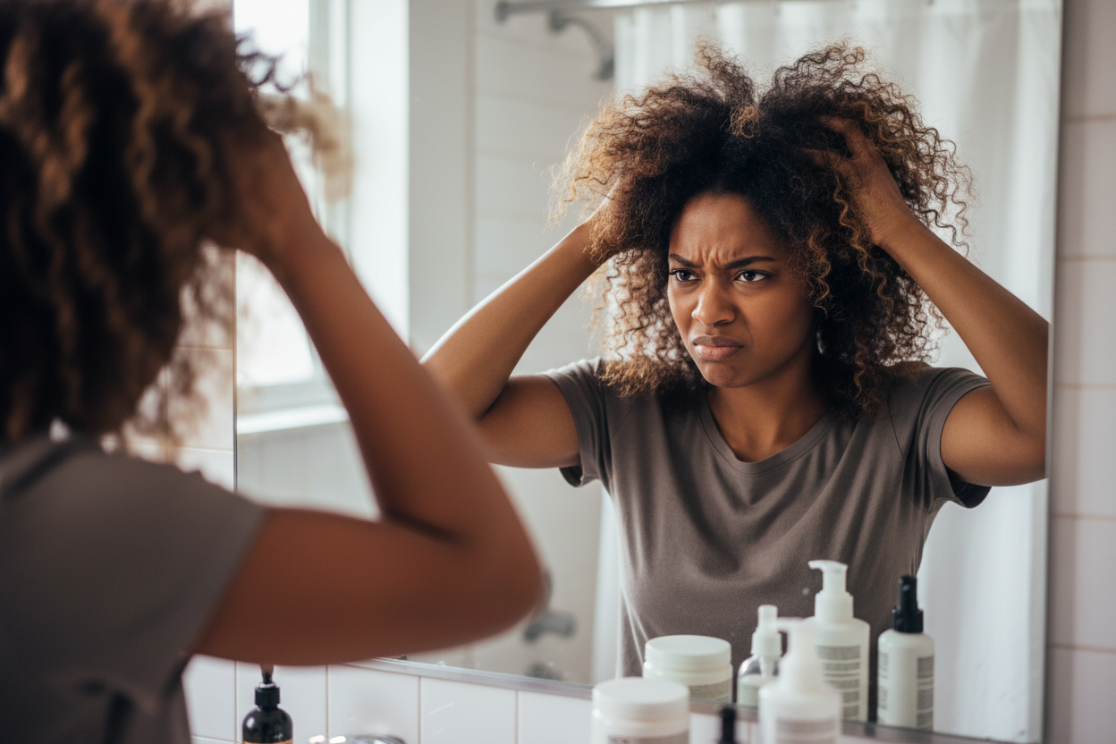 create a image of a black women looking at her natural hair and feel frustated